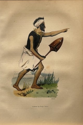 A Wahlen - Woodcut engraving of warrior from Tonga 1843: This hand-coloured woodcut engraving is from the Oceanic volume of Moeurs, Usages et costumes de tous les peuples du monde, d'apr?s des documents authentiques et les voyages les plus r?cents by August