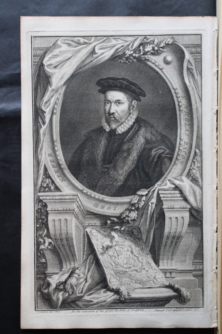 Jacobus Houbraken - Rare engraving of Sir Nicholas Bacon, Keeper of Great Seal 1747: This engraving is from The Heads of Illustrious Persons of Great Britain by Thomas Birch. Printed by John Knapton 1747, London. The engravings were by Jacobus Houbraken and George Vertue after Holbein