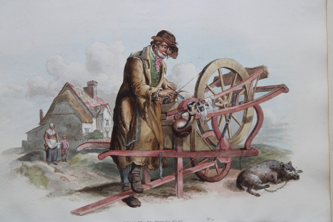 William H Pyne - Knife Grinder 1808: This aquatint engraving is from The Costumes of Great Britain designed, engraved and written by William Henry Pyne, published in 1808 by William Miller, London. Size: Approx 14in x 10.25in (36cm x 26c