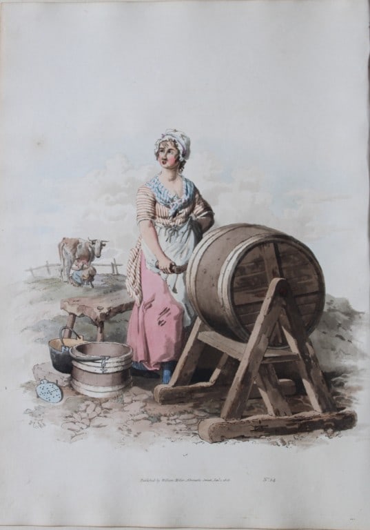 William H Pyne - Woman churning butter1808: This aquatint engraving is from The Costumes of Great Britain designed, engraved and written by William Henry Pyne, published in 1808 by William Miller, London. Size: Approx 14in x 10.25in (36cm x 26c