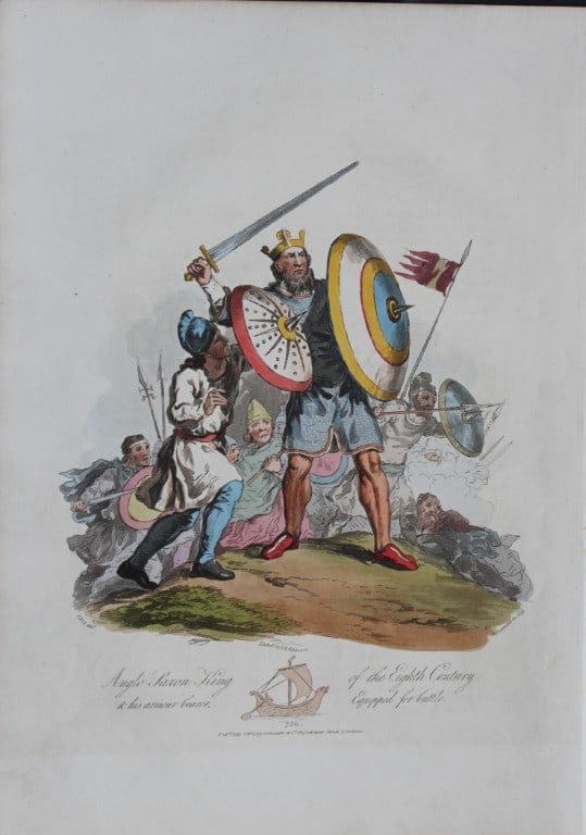 CH Smith - Anglo-Saxon King of the 8th Century 1814: This hand-coloured aquatint is from Selections of the Ancient Costume of Great Britain and Ireland From the Seventh to the Sixteenth Century by Charles Hamilton Smith. Published in London by William B