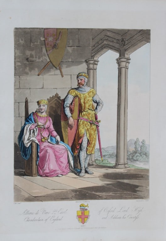 CH Smith - Alberic de Vere and Countess 1814: This hand-coloured aquatint is from Selections of the Ancient Costume of Great Britain and Ireland From the Seventh to the Sixteenth Century by Charles Hamilton Smith. Published in London by William B