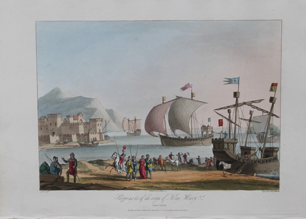 CH Smith - Shipping in the reign of Henry III 1814: This hand-coloured aquatint is from Selections of the Ancient Costume of Great Britain and Ireland From the Seventh to the Sixteenth Century by Charles Hamilton Smith. Published in London by William B