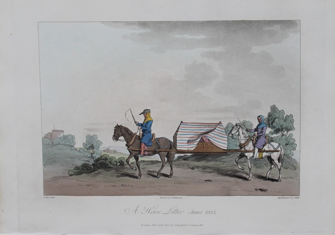 CH Smith - A Horse Litter 1814: This hand-coloured aquatint is from Selections of the Ancient Costume of Great Britain and Ireland From the Seventh to the Sixteenth Century by Charles Hamilton Smith. Published in London by William B
