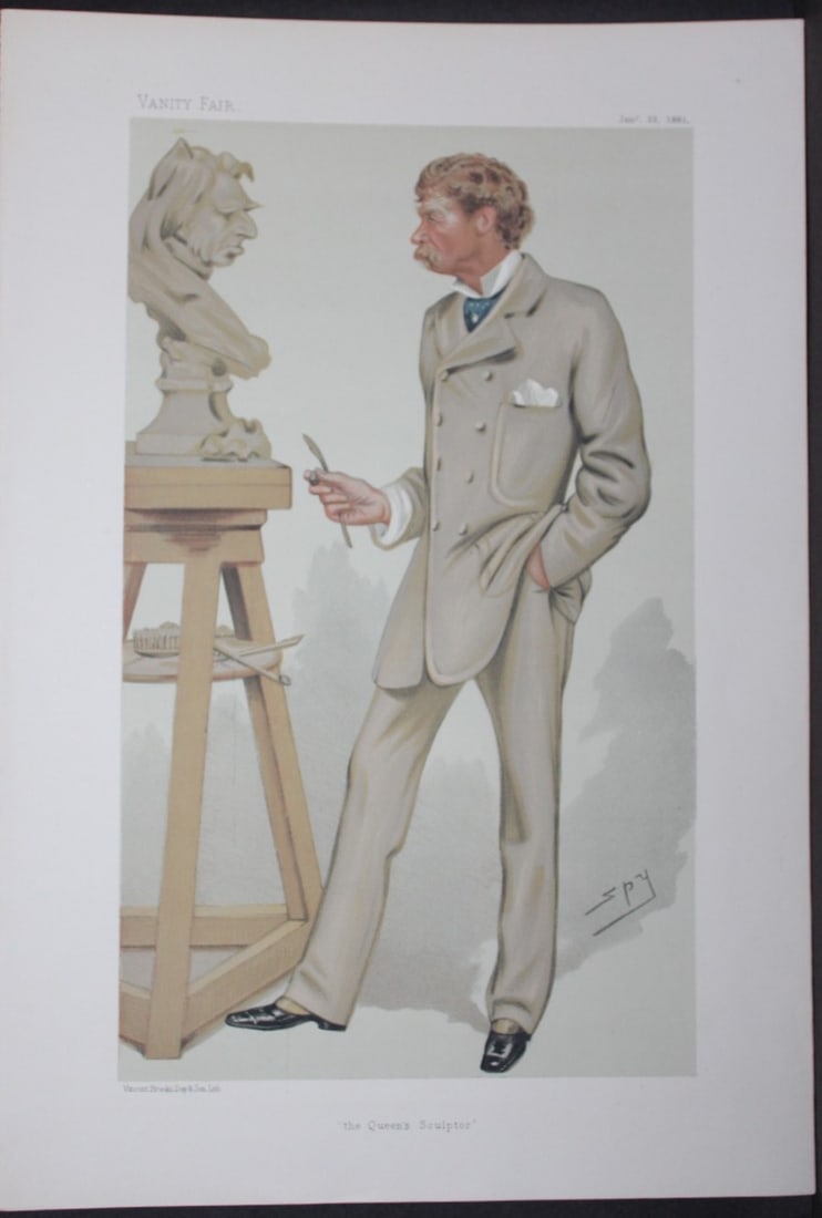 Joseph Edgar Boehm ARA - the Queen's Sculptor by Spy 1881: This print was drawn by the British artist Sir Leslie Ward (Spy).Vanity Fair was subtitled A Weekly Show of Political, Social and Literary Wares and was founded by Thomas Gibson Bowles (who signed his