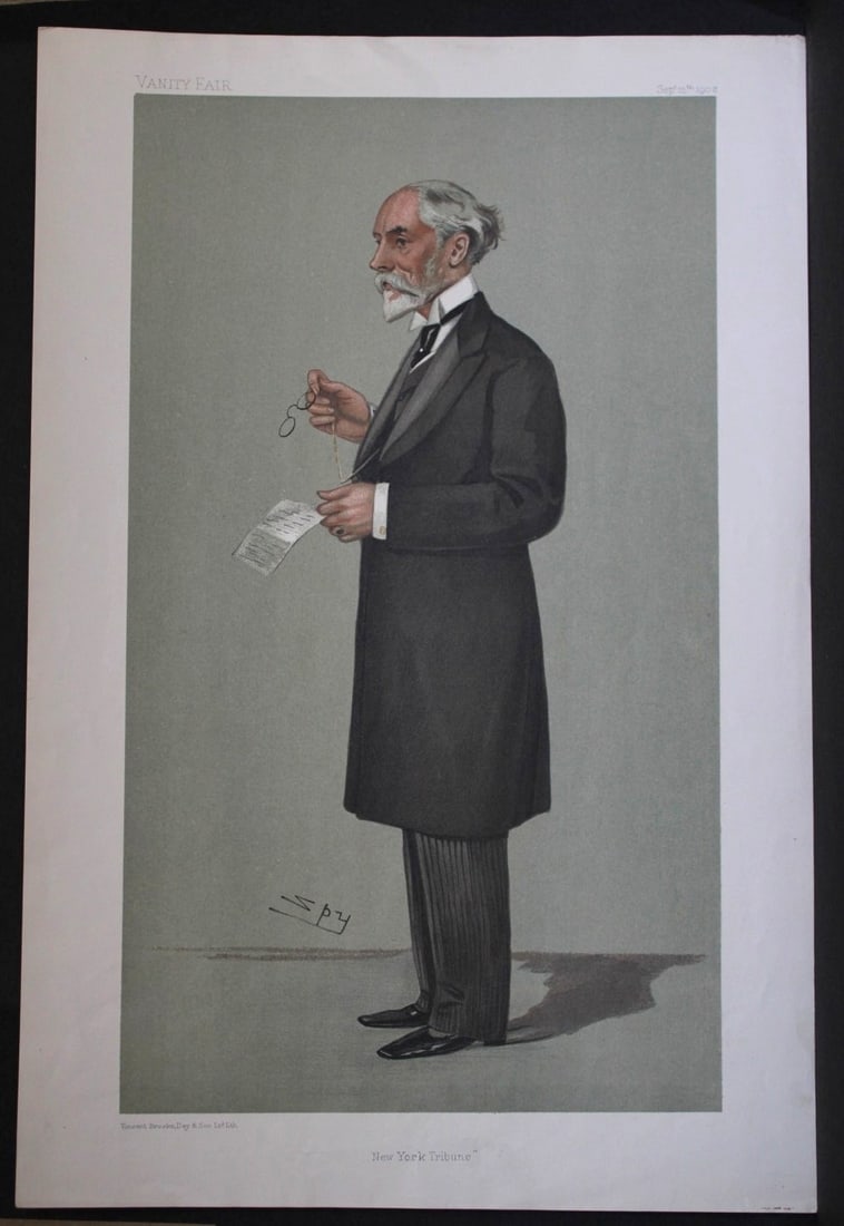 Whitelaw Reid - New York Tribune by Spy 1902: This print was drawn by the British artist Sir Leslie Ward (Spy).Vanity Fair was subtitled A Weekly Show of Political, Social and Literary Wares and was founded by Thomas Gibson Bowles (who signed his