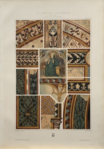 Gelis-Didot and Laffillee - Original decorative lithograph 1875: This lithograph, on a vellum type paper is from La Peinture Decorative en France du XIe au XVIe siecle.? (The decorative painting in France from the 11th to the 16th century). This attractive antique 