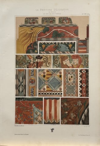 Gelis-Didot and Laffillee - Original decorative lithograph 1875: This lithograph, on a vellum type paper is from La Peinture Decorative en France du XIe au XVIe siecle.? (The decorative painting in France from the 11th to the 16th century). This attractive antique 