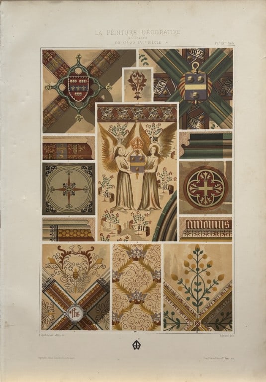 Gelis-Didot and Laffillee - Original decorative lithograph 1875: This lithograph, on a vellum type paper is from La Peinture Decorative en France du XIe au XVIe siecle.? (The decorative painting in France from the 11th to the 16th century). This attractive antique 