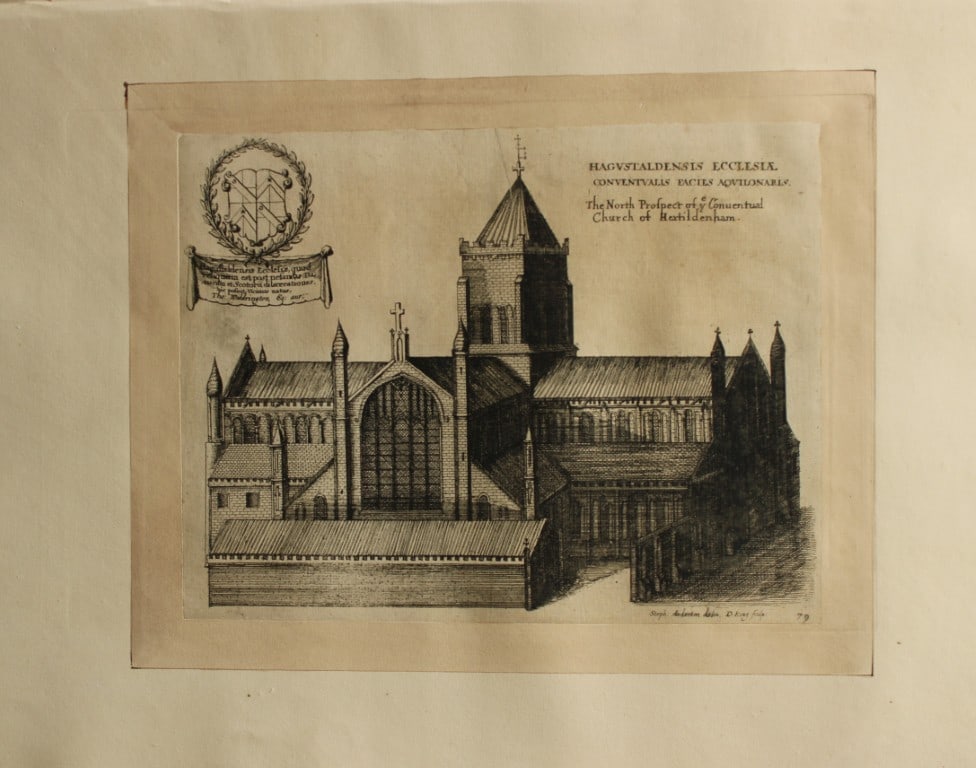 Dugdale - Monasticon Anglicanum engraved by Wenceslaus Hollar 1655: This rare etching is from the first edition of Monasticon Anglicanum by William Dugdale and Roger Dodsworth, printed in London between 1655 and 1673.The etchings in this work were created by the famou