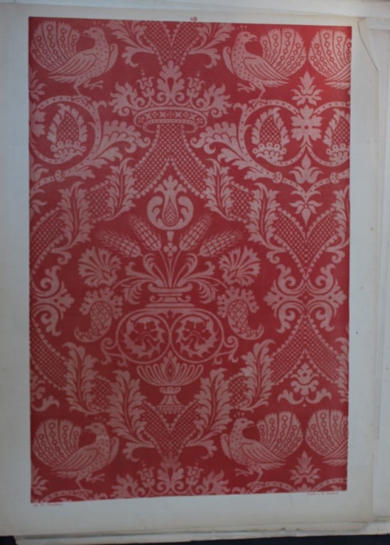 Fischbach - Design from Ornament of Textile Fabrics 1884: This chromolithograph is from Ornament of Textile Fabrics by Frederick Fischbach, Director of the Art Industrial School at St Gall, Switzerland. Published by Bernard Quaritch in London 1884.The plates