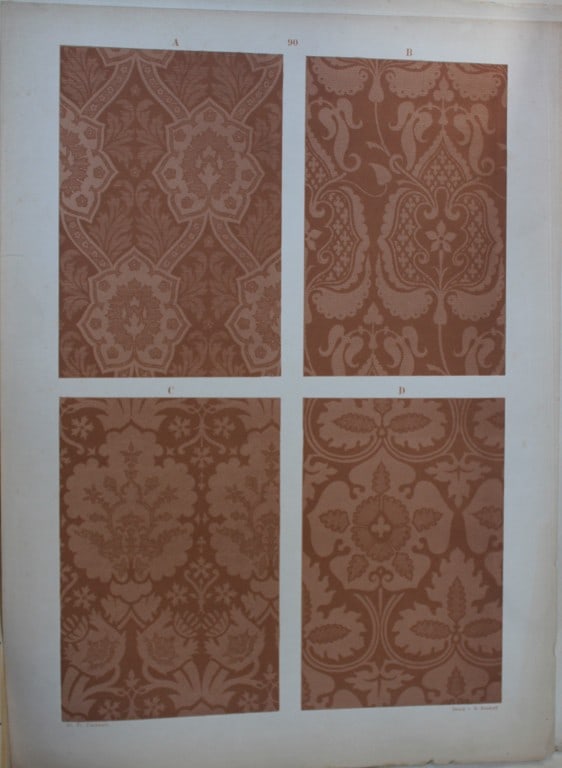 Fischbach - Design from Ornament of Textile Fabrics 1884: This chromolithograph is from Ornament of Textile Fabrics by Frederick Fischbach, Director of the Art Industrial School at St Gall, Switzerland. Published by Bernard Quaritch in London 1884.The plates