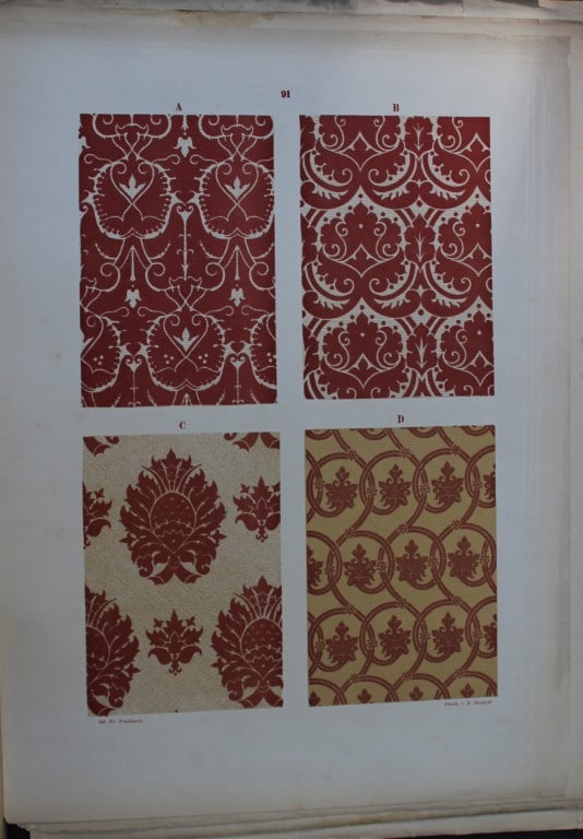 Fischbach - Design from Ornament of Textile Fabrics 1884: This chromolithograph is from Ornament of Textile Fabrics by Frederick Fischbach, Director of the Art Industrial School at St Gall, Switzerland. Published by Bernard Quaritch in London 1884.The plates