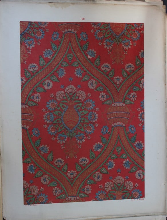Fischbach - Design from Ornament of Textile Fabrics 1884: This chromolithograph is from Ornament of Textile Fabrics by Frederick Fischbach, Director of the Art Industrial School at St Gall, Switzerland. Published by Bernard Quaritch in London 1884.The plates
