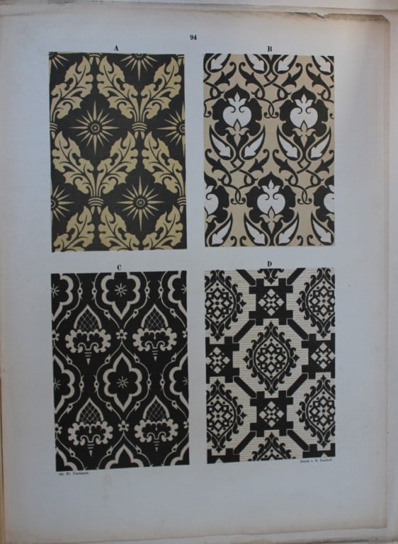 Fischbach - Design from Ornament of Textile Fabrics 1884: This chromolithograph is from Ornament of Textile Fabrics by Frederick Fischbach, Director of the Art Industrial School at St Gall, Switzerland. Published by Bernard Quaritch in London 1884.The plates