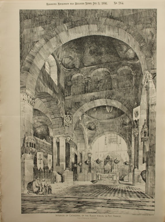 JA Slater - Cathedral of Black Virgin, Le Puy, France 1891: This plate is from American Architecture and Building News. Launched by architect William Rotch Ware, it became the first continuously published architectural periodical in America.Size: 17in x 12.6in