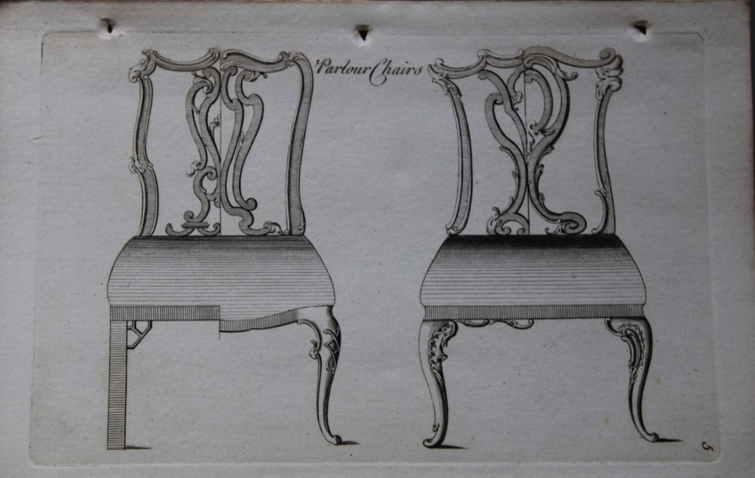 Manwaring - Engraving of Parlour Chairs 1765: This copper engraving is from Genteel Houshold Furniture, In the Present Taste with an addition of several Articles never before Executed, by a Society of Upholsterers, Cabinet-Makers, &c. Printed for