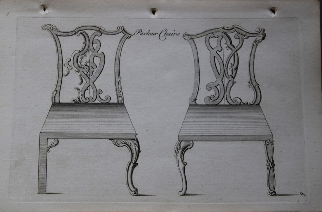 Manwaring - Engraving of Parlour Chairs 1765: This copper engraving is from Genteel Houshold Furniture, In the Present Taste with an addition of several Articles never before Executed, by a Society of Upholsterers, Cabinet-Makers, &c. Printed for