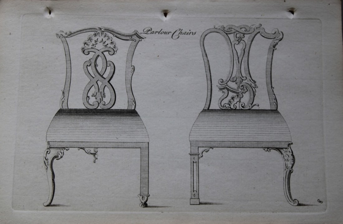 Manwaring - Engraving of Parlour Chairs 1765: This copper engraving is from Genteel Houshold Furniture, In the Present Taste with an addition of several Articles never before Executed, by a Society of Upholsterers, Cabinet-Makers, &c. Printed for