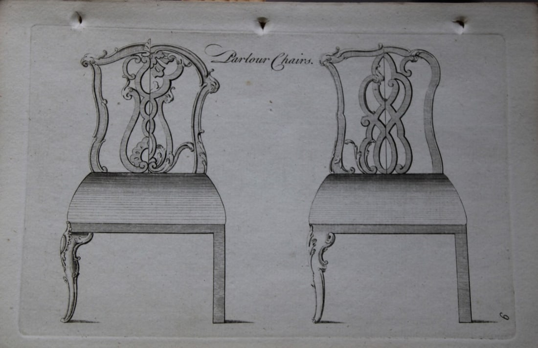 Manwaring - Engraving of Parlour Chairs 1765: This copper engraving is from Genteel Houshold Furniture, In the Present Taste with an addition of several Articles never before Executed, by a Society of Upholsterers, Cabinet-Makers, &c. Printed for