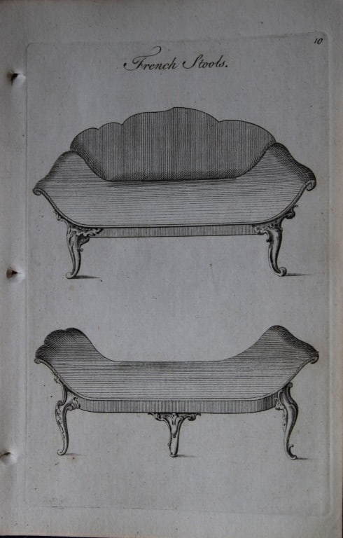 Manwaring - Engraving of French Stools 1765: This copper engraving is from Genteel Houshold Furniture, In the Present Taste with an addition of several Articles never before Executed, by a Society of Upholsterers, Cabinet-Makers, &c. Printed for
