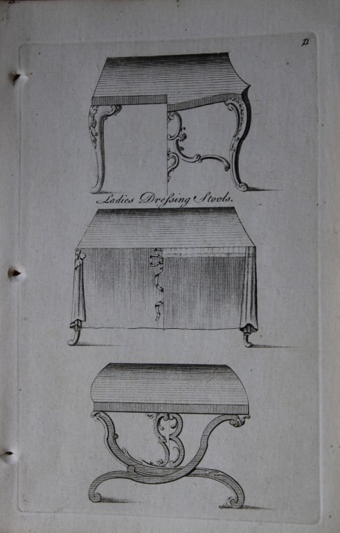 Manwaring - Engraving of Ladies Dressing Stools 1765: This copper engraving is from Genteel Houshold Furniture, In the Present Taste with an addition of several Articles never before Executed, by a Society of Upholsterers, Cabinet-Makers, &c. Printed for