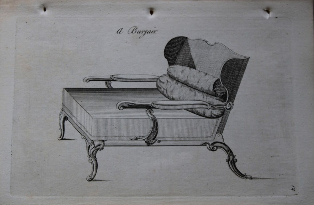 Manwaring - Engraving of a Burgair 1765: This copper engraving is from Genteel Houshold Furniture, In the Present Taste with an addition of several Articles never before Executed, by a Society of Upholsterers, Cabinet-Makers, &c. Printed for