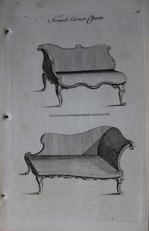 Manwaring - Engraving of French Corner Chairs 1765: This copper engraving is from Genteel Houshold Furniture, In the Present Taste with an addition of several Articles never before Executed, by a Society of Upholsterers, Cabinet-Makers, &c. Printed for