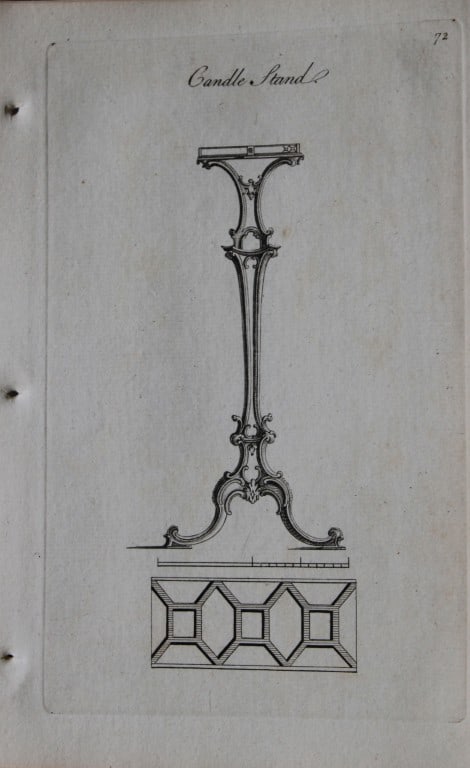 Society of Upholsterers - Candle Stand 1765: This copper engraving is from Genteel Houshold Furniture, In the Present Taste with an addition of several Articles never before Executed, by a Society of Upholsterers, Cabinet-Makers, &c. Printed for
