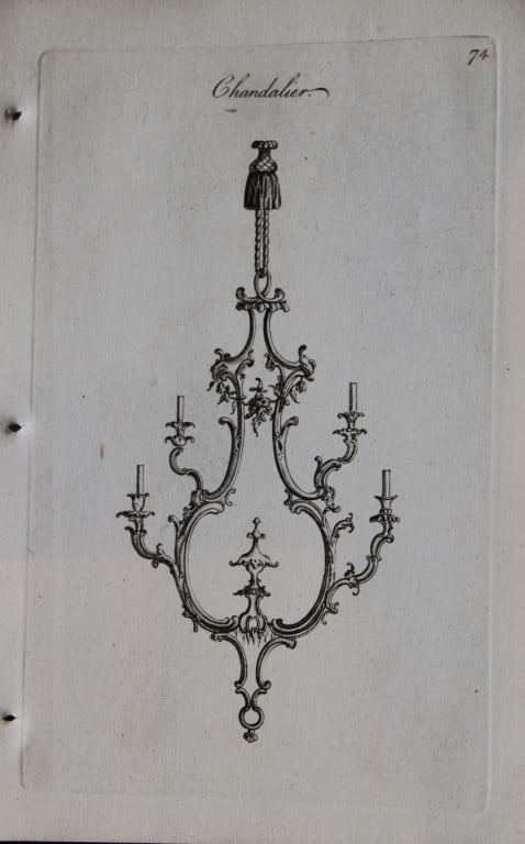 Society of Upholsterers - Chandalier 1765: This copper engraving is from Genteel Houshold Furniture, In the Present Taste with an addition of several Articles never before Executed, by a Society of Upholsterers, Cabinet-Makers, &c. Printed for