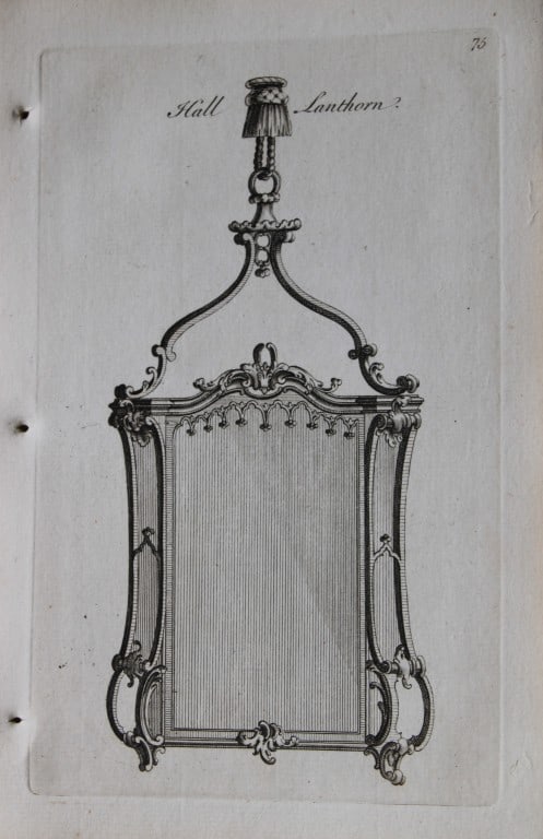 Society of Upholsterers - Hall Lanthorn 1765: This copper engraving is from Genteel Houshold Furniture, In the Present Taste with an addition of several Articles never before Executed, by a Society of Upholsterers, Cabinet-Makers, &c. Printed for