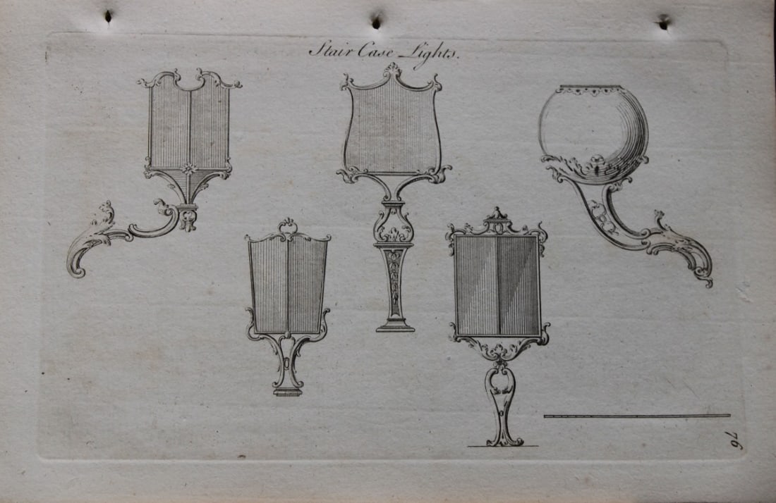 Society of Upholsterers - Stair Case Lights 1765: This copper engraving is from Genteel Houshold Furniture, In the Present Taste with an addition of several Articles never before Executed, by a Society of Upholsterers, Cabinet-Makers, &c. Printed for