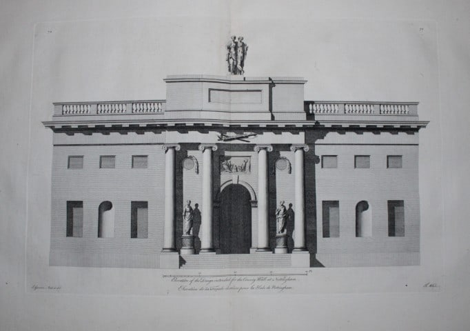 Vitruvius Britannicus 1771 - Pl 75 County Hall, Nottingham: This original copperplate engraving of West Wycombe Park, Buckinghamshire, the seat of Baronet Dashwood, is from Vitruvius Britannicus Vol 5 published in 1771. The plates were drawn by Woolfe or Gando