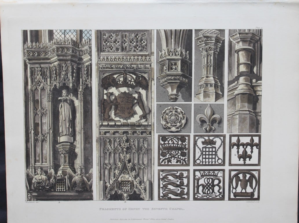 F Mackenzie- Henry VII fragments in Westminster Abbey by T Sutherland 1812: This aquatint print is from The History of the Abbey Church of St. Peter's Westminster, Its Antiquities and Monuments by Rudolph Ackermann and William Combe, published in London 1812.One of the quinte