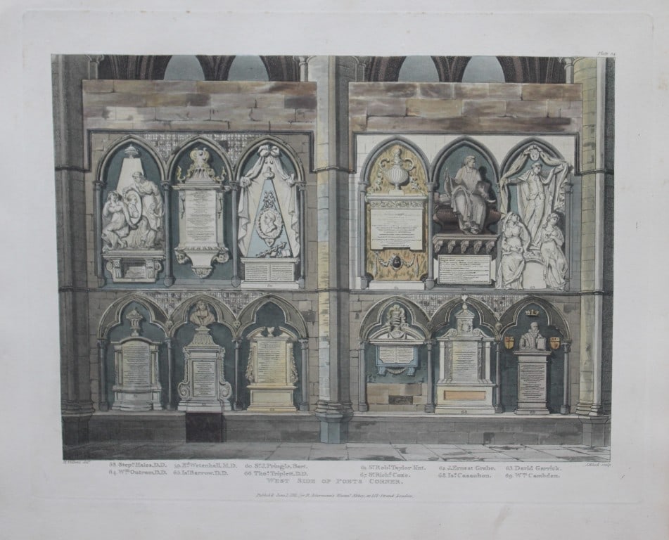 H Villiers - Poet's Corner of Westminster Abbey engraved by J Bluck 1812: This aquatint print is from The History of the Abbey Church of St. Peter's Westminster, Its Antiquities and Monuments by Rudolph Ackermann and William Combe, published in London 1812.One of the quinte