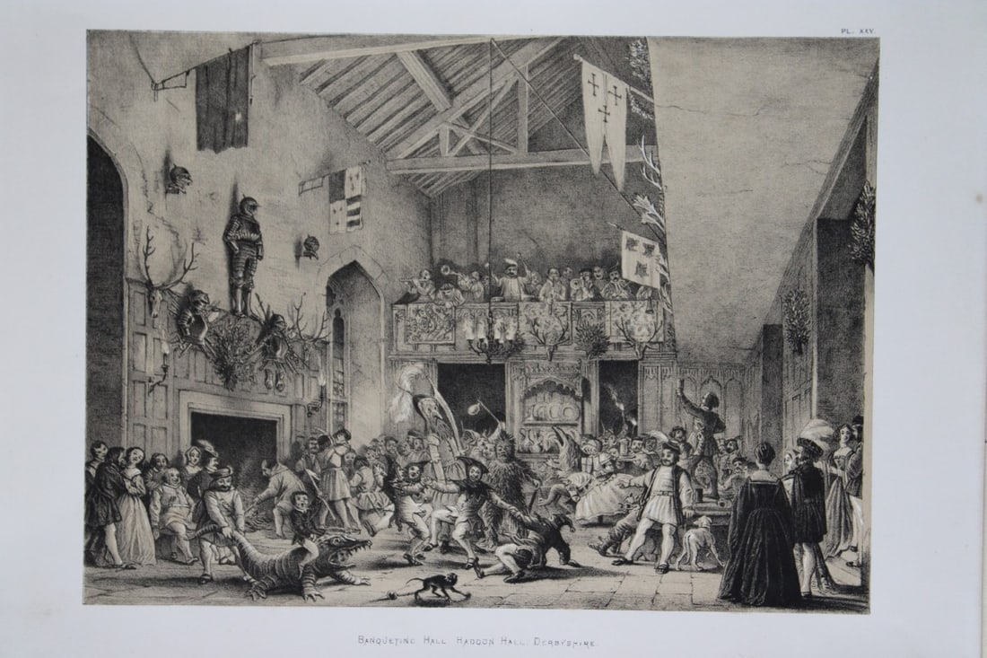 Nash J - Lithograph of Haddon Hall, Derbyshire 1869: This lithograph of The Banqueting Hall at Haddon Hall, Derbyshire is from The Mansions of England in the Olden Time by Joseph Nash. Printed by M & N Hanhart and published by Henry Sotheran & Co., Lond