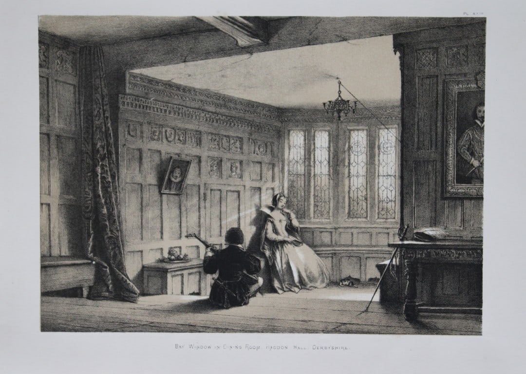 Nash J - Lithograph of Haddon Hall, Derbyshire 1869: This lithograph of The Bay Window at Haddon Hall, Derbyshire is from The Mansions of England in the Olden Time by Joseph Nash. Printed by M & N Hanhart and published by Henry Sotheran & Co., London, i