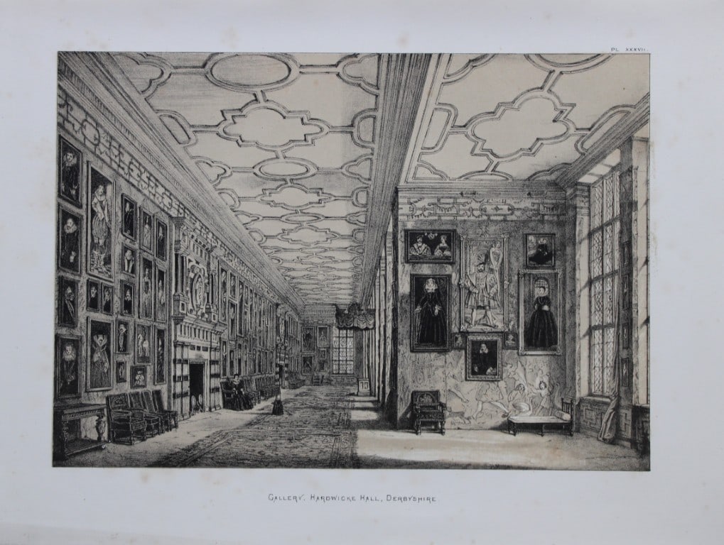 Nash J - Lithograph of Hardwicke Hall in Derbyshire 1869: This lithograph of the Gallery at Hardwicke Hall in Derbyshire is from The Mansions of England in the Olden Time by Joseph Nash. Printed by M & N Hanhart and published by Henry Sotheran & Co., London,