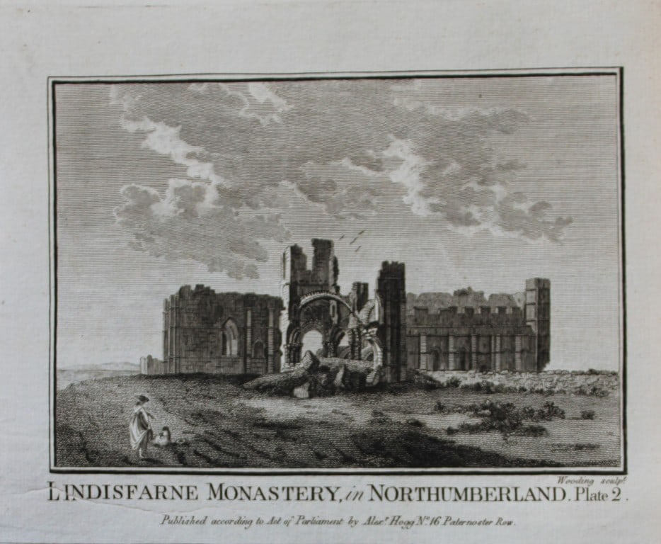 Alex Hogg - Lindisfarne Monastery, Northumberland 1786: This copperplate engraving is from Historical Descriptions of new and elegant picturesque views of the antiquities of England and Wales? by Henry Boswell.Published by Alex Hogg, London, 1786.Size: app