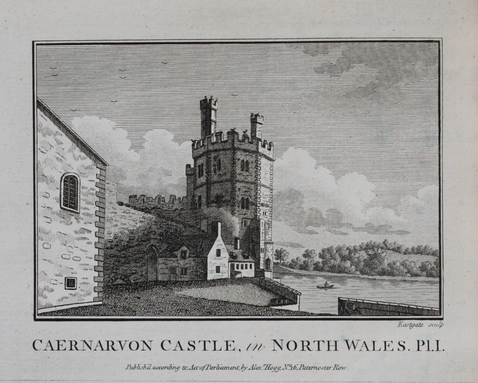 Alex Hogg - Caernarvon Castle, North Wales 1786: This copperplate engraving is from Historical Descriptions of new and elegant picturesque views of the antiquities of England and Wales? by Henry Boswell.Published by Alex Hogg, London, 1786.Size: app