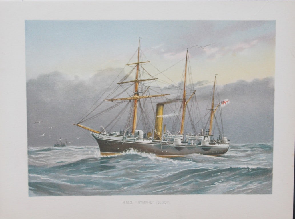 WF Mitchell - HMS Nymphe (Sloop) 1890: This illustration is from the magnificent three-volume history of the British Navy entitled Her Majesty's Navy, published in London between 1890 and 1893, at the height of Queen Victoria's British Emp
