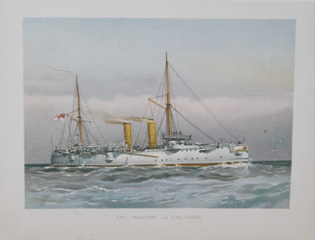 WF Mitchell - HMS Magicienne 2nd Class Cruiser 1890: This illustration is from the magnificent three-volume history of the British Navy entitled Her Majesty's Navy, published in London between 1890 and 1893, at the height of Queen Victoria's British Emp