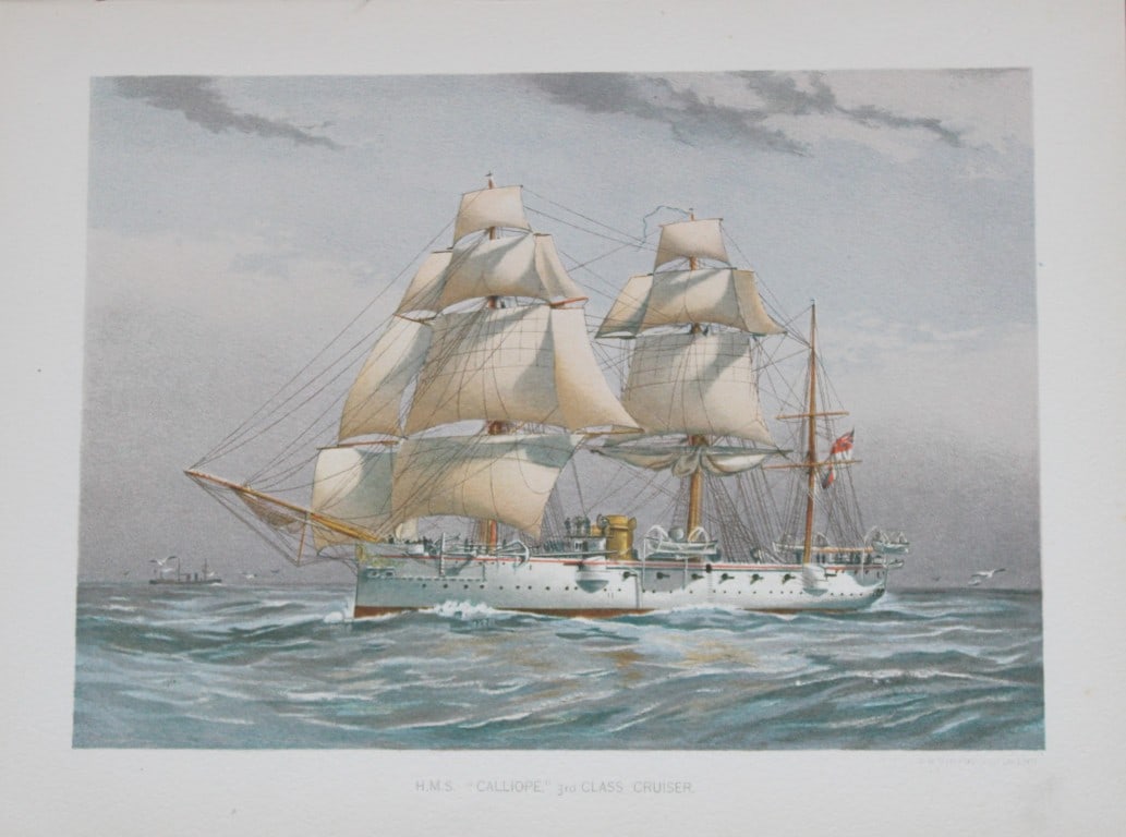 WF Mitchell - HMS Calliope 3rd Class Cruiser 1890: This illustration is from the magnificent three-volume history of the British Navy entitled Her Majesty's Navy, published in London between 1890 and 1893, at the height of Queen Victoria's British Emp