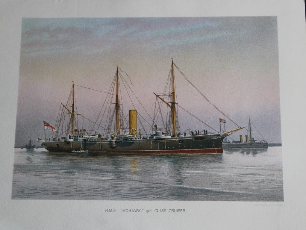 WF Mitchell - HMS Mohawk 3rd Class Cruiser 1890: This illustration is from the magnificent three-volume history of the British Navy entitled Her Majesty's Navy, published in London between 1890 and 1893, at the height of Queen Victoria's British Emp