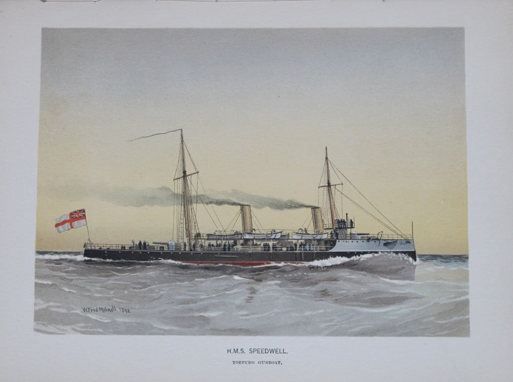 WF Mitchell - HMS Speedwell Torpedo Gunboat 1890: This illustration is from the magnificent three-volume history of the British Navy entitled Her Majesty's Navy, published in London between 1890 and 1893, at the height of Queen Victoria's British Emp