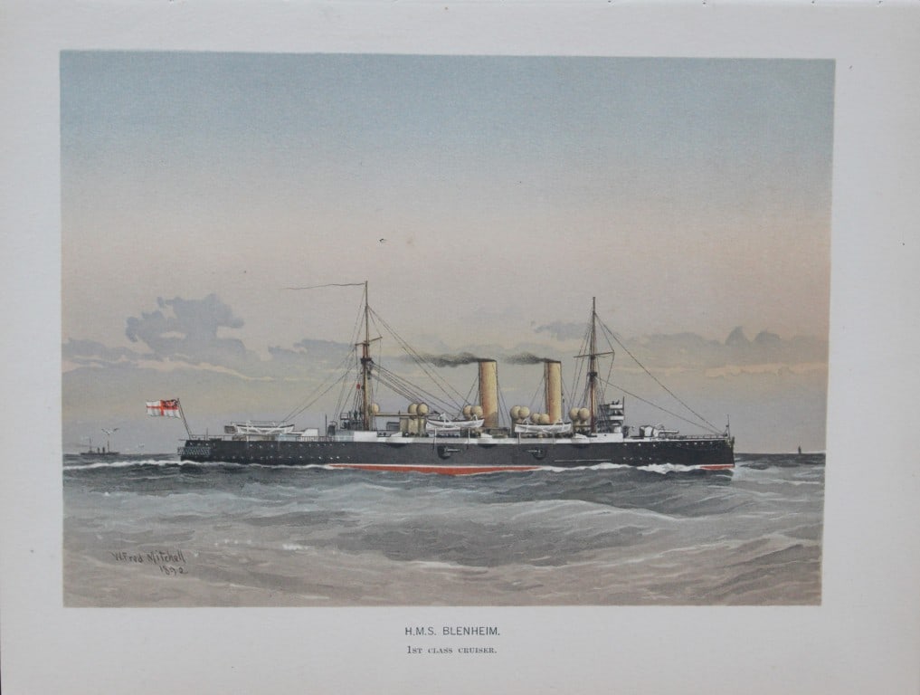WF Mitchell - HMS Blenheim 1st Class Cruiser 1890: This illustration is from the magnificent three-volume history of the British Navy entitled Her Majesty's Navy, published in London between 1890 and 1893, at the height of Queen Victoria's British Emp