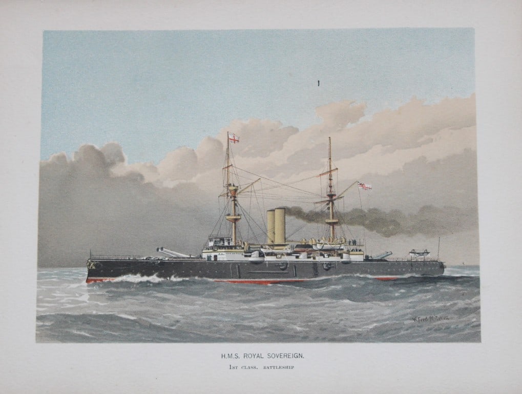 WF Mitchell - HMS Royal Sovereign 1st Class Battleship 1890: This illustration is from the magnificent three-volume history of the British Navy entitled Her Majesty's Navy, published in London between 1890 and 1893, at the height of Queen Victoria's British Emp