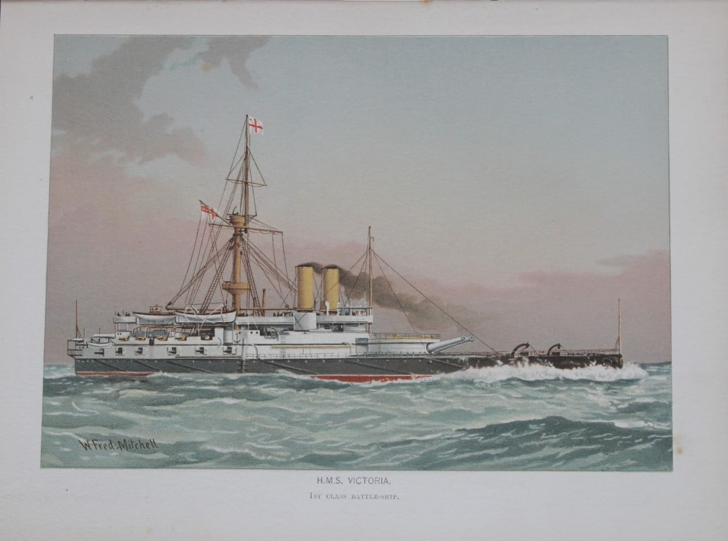 WF Mitchell - HMS Victoria 1st Class Battleship 1890: This illustration is from the magnificent three-volume history of the British Navy entitled Her Majesty's Navy, published in London between 1890 and 1893, at the height of Queen Victoria's British Emp