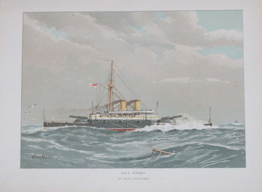 WF Mitchell - HMS Rodney ist Class Battleship 1890: This illustration is from the magnificent three-volume history of the British Navy entitled Her Majesty's Navy, published in London between 1890 and 1893, at the height of Queen Victoria's British Emp