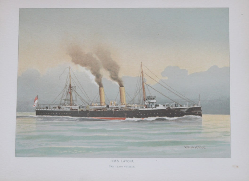 WF Mitchell - HMS Latona 2nd Class Cruiser 1890: This illustration is from the magnificent three-volume history of the British Navy entitled Her Majesty's Navy, published in London between 1890 and 1893, at the height of Queen Victoria's British Emp